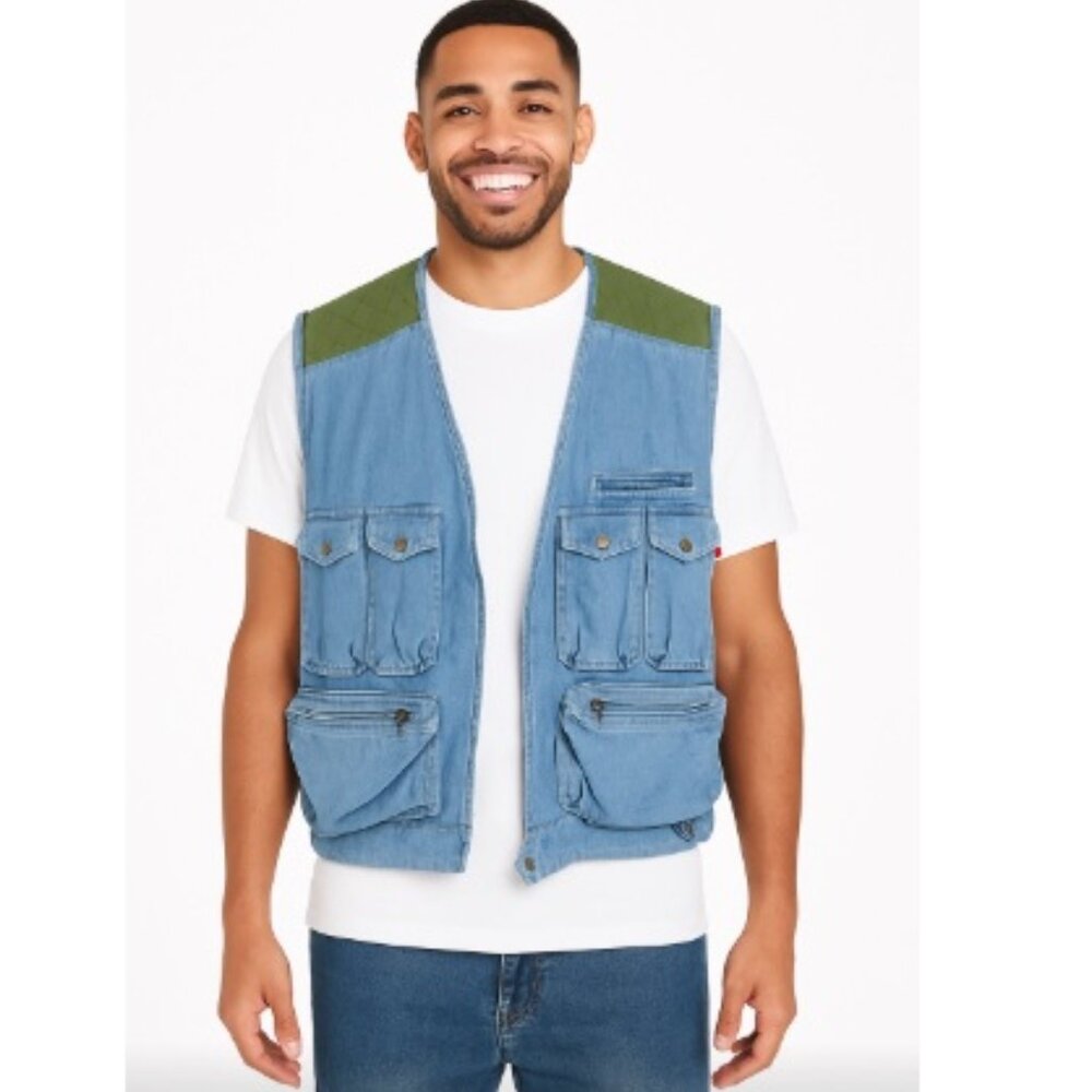 Vintage On The Brink Denim Utility Vest Quilted‎ Fishing Photography L